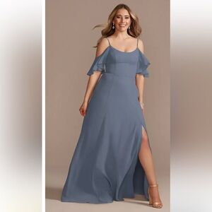 David’s Bridal Steel Blue Cold Shoulder Dress